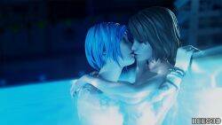 2girls 3d arms_around_neck beeg3d blue_eyes blue_hair bracelet brown_hair chloe_price female female/female female_only kissing life_is_strange light-skinned_female max_caulfield naked naked_female necklace nude nude_female pool poolside short_hair skinny_dipping tattoo tattoos wet wet_hair wet_skin yuri