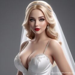 ai_generated big_breasts blinking blonde_hair blue_eyes breasts breasts bride cleavage earrings eyeshadow lipstick looking_at_viewer makeup red_lipstick simple_background solo solo_female solo_focus tagme veil wedding_dress wedding_veil white_dress