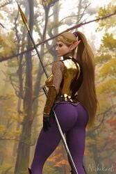 1girls armor ass big_ass big_butt blonde_hair circlet elf elf_ears eyelashes gloves nishakanti original ponytail purple_eyes self_upload spear sword tight_pants