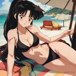 1girls ai_generated artist_request beach beach_towel beach_umbrella bikini black_bikini black_hair brown_eyes cleavage inuyasha long_hair ocean sango thigh_gap