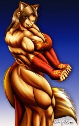 abs animal_ears biceps big_breasts big_muscles breasts brown_eyes brown_hair cleavage cylnx dress female hair huge_breasts huge_muscles large_breasts large_muscles long_hair looking_at_viewer muscles muscular muscular_arms muscular_female muscular_legs muscular_thighs pecs smile smiling tail