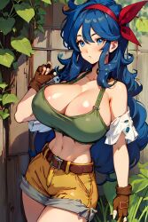 ai_generated blue_eyes blue_hair cleavage dragon_ball good_launch huge_breasts launch lunch_(dragon_ball) puffy_hair red_bow rin8608 shorts small_clothes tank_top thin_waist tight_clothing