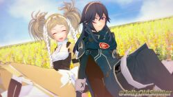 2girls 3d aunt_and_niece blonde_hair blue_eyes blue_hair boots breasts cape closed_eyes dress female female_only fire_emblem fire_emblem_awakening hair_between_eyes jollyoldsoldier lissa_(fire_emblem) long_hair long_sleeves looking_back lucina_(fire_emblem) medium_breasts medium_hair multiple_girls nintendo outdoors sitting small_breasts smile sweater thigh_boots tiara twintails