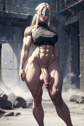 1futa ai_generated blonde_hair bottomless dark_souls_3 fire_keeper fromsoftware futanari muscles solo veiny_muscles veiny_penis