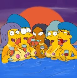 5girls artist_request big_breasts blue_lipstick cartoon_milf dark-skinned_female lipstick luann_van_houten manjula_nahasapeemapetilon marge_simpson milf red_lipstick sarah_wiggum tan_lines the_simpsons wine wine_glass yellow_body