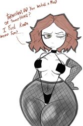 bikini clothing cumlord cumlord_(artist) dialogue elden_ring female fishnets fromsoftware human just_coffee melina_(elden_ring) pale_skin solo talking_to_viewer