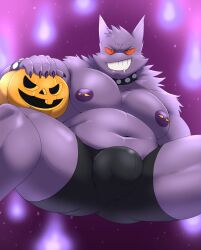 1boy 2022 bara bara_tits barazoku big_bulge boxers bulge chubby_male gay gengar halloween hi_res highres holidays huge_bulge jack-o'-lantern jack_o'_lantern larger_male male male_focus male_nipples male_only manly muscular_male nelldemon nintendo nipple_piercing nipples pokémon_(species) pokemon pumpkin solo solo_male spread_legs underwear yaoi