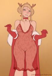 1girls antlers ass_visible_through_thighs blonde_hair breasts christmas christmas_outfit coat female female_only fire_emblem fire_emblem_heroes green_eyes henriette_(fire_emblem) kalruna lingerie medium_breasts nightgown nintendo nipples pussy revealing_clothes see-through short_hair solo