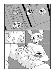 anthro bubble_(the_amazing_digital_circus) clothing comic gloves handwear hi_res impurepyxia_(artist) jax_(the_amazing_digital_circus) lagomorph leporid male male_focus mammal overalls rabbit rubbing_crotch solo text the_amazing_digital_circus