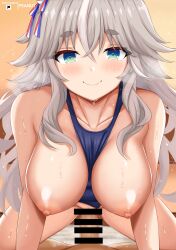 2d alternate_breast_size animal_ears artist_name bar_censor blush breasts censored closed_mouth commentary_request cowgirl_position female grey_hair hair_between_eyes hair_ornament heavy_breathing highres horse_ears light-skinned_female light_skin long_hair looking_at_viewer nipples pale-skinned_female pale_skin peanut_(shokan) pink_nipples pov school_swimsuit sex smile solo straddling sweat swimsuit thick_eyebrows umamusume watermark wonder_acute_(umamusume) yellow_background