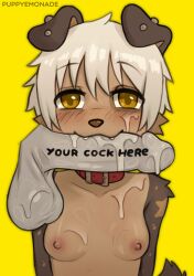 areolae blush breasts brown_fur canine collar color colored ear_piercing female furry happy looking_at_viewer nude oral parche_(puppyemonade) penis puppyemonade saliva simple_background teeth text