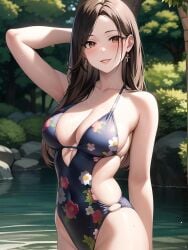 1girls ai_generated ai_mirror arm_up blush brown_eyes brown_hair bush earrings flower_pattern forest hands_behind_head in_water lake long_hair looking_at_viewer medium_breasts one_piece_swimsuit rock smile tree wet white_skin