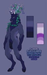 anthro antlers aster_(enigmasyndrome) balls big_balls blue_body blue_fur blue_hair cervine cloven_hooves deer deity elk flaccid flower flower_on_head foreskin fur genitals hair hi_res hooves horn humanoid_genitalia humanoid_penis kaylii male mammal model_sheet multicolored_body multicolored_fur muscular muscular_anthro penis pink_eyes plant pubes solo sparkles two_tone_body two_tone_fur unguligrade unretracted_foreskin vines