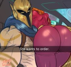 1girls ass ass_focus atreus_(league_of_legends) big_ass big_butt bubble_ass bubble_butt butt_focus dat_ass female he_wants_to_order helmet hetero kiss_mark kiss_marks league_of_legends leona_(league_of_legends) male/female pantheon pawg purple_leotard round_ass she_wants_to_order shinda292 straight thick thick_thighs