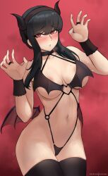 1girls bare_shoulders black_hair black_thighhighs breasts cleavage collarbone hioyami large_breasts long_hair navel red_eyes revealing_clothes spy_x_family sweat thighs wrist_cuffs yor_briar