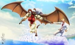 abs biceps big_breasts big_muscles blonde_hair blue_eyes breasts cylnx dragon dress female hair horns human large_breasts large_muscles long_hair male muscles muscular muscular_female red_eyes suit taller_female taller_girl taller_woman white_hair wings