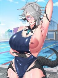 au_ra big_areola big_breasts final_fantasy_xiv flashing_breasts ikaroa_ruaumoko nip_slip nipple_slip one-piece_swimsuit pierced_nipples rivsarm showing_armpits showing_off sweaty swimsuit xaela