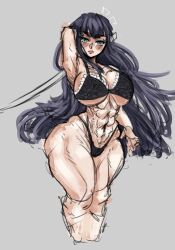 1girls abs ass bangs biceps black_hair blue_eyes breasts color difference disgusted female female_focus female_only junketsu kill_la_kill kiryuuin_satsuki limb0_o lingerie muscles muscular_arms muscular_thighs nipple_slip pale_skin stockings sword thick_thighs toned