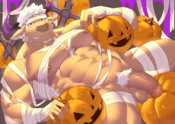 abs accessory anthro balls bovid bovine brown_body brown_fur cattle eggplant_nacl flaccid foreskin fur genitals hair headband hi_res horn jack-o'-lantern lifewonders male male_only mammal mummy_costume mummy_wrappings muscular muscular_anthro muscular_male pecs penis pubes shennong solo tokyo_afterschool_summoners white_hair