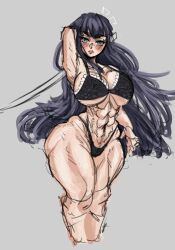 1girls abs ass bangs biceps black_hair blue_eyes breasts color difference disgusted female female_focus female_only junketsu kill_la_kill kiryuuin_satsuki limb0_o lingerie muscles muscular_arms muscular_thighs pale_skin stockings sword thick_thighs toned