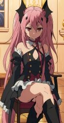 ai_generated bare_shoulders black_dress boots chair hair_ornament indoors krul_tepes long_hair on_chair owari_no_seraph pink_hair pov red_eyes ribbon sitting small_breasts solo stable_diffusion two_side_up vampire wide_sleeves