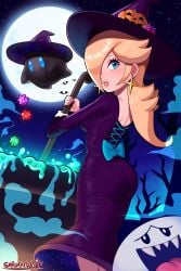 ass blonde_hair boo_(mario) female female_only luma mario_(series) mario_kart mario_kart_tour nintendo polari princess_rosalina sarukaiwolf sideboob solo super_mario_galaxy witch witch_costume witch_hat