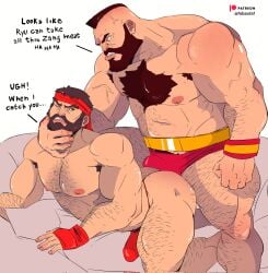 2boys artist_name balls bara beard boner bulge capcom chest_hair duo erection erection_under_clothes fabssdaf facial_hair gay hairy_chest male male_only muscles muscular one_eye_closed patreon patreon_username penis ryu_(street_fighter) scars scars_all_over street_fighter text underwear video_games zangief