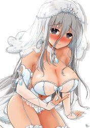 1girls artist_signature bangs blush bridal_gauntlets collar diadem eyebrows_visible_through_hair female flower_petals frills front-tie_top garter_straps gekko_(senran_kagura) green_eyes grey_hair jewelry light-skinned_female light_skin long_hair long_sleeves looking_at_viewer mash_mao nipples_visible_through_clothing ribbon see-through see-through_clothing simple_background smile solo straight_hair strapless thighhighs white_background