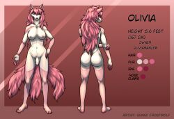 absurd_res anthro ass balls big_breasts big_butt breasts canid canine claws colored english_text female fox genitals hair hi_res long_hair mammal model_sheet multi_tail nipples nude olivia_(oliviamancer) penis pink_body pink_hair smile solo sunny_frostwolf tail text white_body