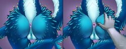 anthro anus ass big_butt black_claws blue_body blue_skin butt_grab claws digital_drawing_(artwork) digital_media_(artwork) dragon duo feathers feral genitals hand_on_butt hi_res kaneda_chan nude pussy rear_view simple_background solo spread_anus spread_butt spreading tail