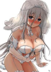 1girls artist_signature bangs blush bridal_gauntlets collar diadem eyebrows_visible_through_hair female flower_petals frills front-tie_top garter_straps green_eyes grey_hair jewelry light-skinned_female light_skin long_hair long_sleeves looking_at_viewer mash_mao nipples_visible_through_clothing ribbon see-through see-through_clothing simple_background smile solo straight_hair strapless thighhighs white_background