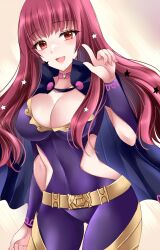 1girls ass_visible_through_thighs belt black_cape bodysuit breasts cape choker cleavage commentary_request covered_navel cowboy_shot facial_mark female female female_only fire_emblem fire_emblem_engage highres kirishima_riona large_breasts long_hair nintendo pink_choker purple_bodysuit red_eyes red_hair solo standing star_(symbol) thighs very_long_hair yellow_belt yunaka_(fire_emblem)