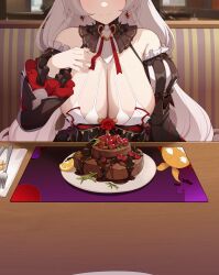 bare_shoulders bat_(animal) bikini blush breast_focus breasts cake cherry chocolate_cake cleavage closed_mouth detached_collar detached_sleeves dress earrings female flower food fork frilled_sleeves frills fruit grey_hair hand_on_own_chest head_out_of_frame highres homu_(honkai_impact) honkai_(series) honkai_impact_3rd huge_breasts indoors jewelry kana_(ky4696) knife large_breasts lemon lemon_slice long_hair long_sleeves looking_at_viewer luna_(honkai_impact) mole plate red_eyes red_flower red_ribbon red_rose ribbon rose sitting smile solo strawberry swimsuit table theresa_apocalypse theresa_apocalypse_(lunar_vow:_crimson_love) very_long_hair white_bikini white_hair
