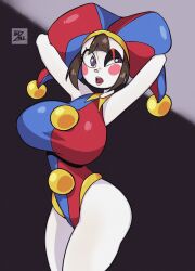 2023 2d 2d_(artwork) 2d_artwork artist_request ass big_ass big_breasts big_thighs breasts brown_hair female glitch_productions gloves gooseworx hands_behind_head huge_breasts jester jester_cap jester_costume jester_girl jester_hat jester_outfit looking_to_the_side pomni pomni_(the_amazing_digital_circus) short_hair the_amazing_digital_circus thick_thighs white_body
