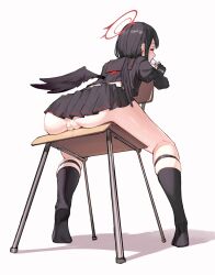 ass ass_focus black_gloves black_hair black_shirt black_skirt black_socks black_wings blue_archive cleft_of_venus closed_eyes crop_top feathered_wings fingerless_gloves food food_in_mouth from_below gloves halo highres justice_task_force_(blue_archive) kneepits mashiro_(blue_archive) mei_(user_6289649) no_panties no_shoes on_chair pleated_skirt popsicle popsicle_in_mouth pussy pussy_juice shirt short_hair simple_background sitting sitting_backwards skindentation skirt socks sweat thighs trinity_general_school_student white_background wings