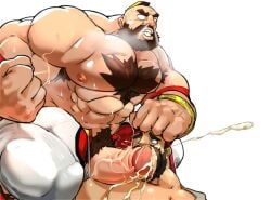 balls bara beard big_penis blowjob blush boner capcom chest_hair cum erection facial_hair friendly_unit93 gay hand_on_hear male male_only muscles muscular oral orgasm penis pulling_hair ryu_(street_fighter) scars scars_all_over street_fighter sweat sweating zangief