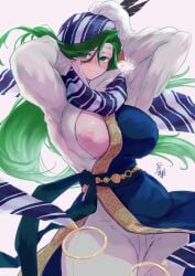 1girls alternate_costume annand_(fire_emblem) breasts breasts_out cosplay female female_only fire_emblem fire_emblem:_genealogy_of_the_holy_war green_eyes green_hair hair_between_eyes hat large_breasts lewyn_(fire_emblem)_(cosplay) long_hair looking_at_viewer nintendo nipples one_breast_out pants scarf smile solo ta_dasu_(tadasu_hayashi) very_long_hair