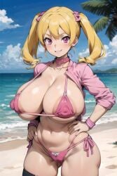 1girls ai_generated airu_suzaki big_breasts bikini blonde_hair blush bra brach breasts cameltoe collar covered_nipples creamballz digimon digimon_xros_wars female hands_on_hips huge_breasts jacket kunaboto_(style) large_breasts looking_at_viewer navel nipples open_jacket palm_tree panties pink_eyes sand sea sky smiling smug solo thick_thighs thighband toned twintails wide_hips wristband