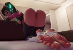 3d ass brown_hair d.va feet feet_together foot_fetish looking_at_viewer looking_back no_panties overwatch overwatch_2 partially_nude pink_toenails shaohuu soles stirrup_legwear sweaty_feet tied_hair toes