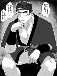 1boy bara black_fundoshi bulge erection erection_under_clothes feet_out_of_frame fundoshi greyscale hachimaki happi headband highres japanese_clothes large_pectorals leaning_forward leg_hair male_focus monochrome muscular muscular_male nervous_sweating original pectoral_cleavage pectorals precum precum_through_clothes short_hair sideburns sitting solo spread_legs sweat thighs thought_bubble translation_request twitching_penis yowaifish