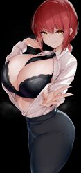 1girls 2023 big_breasts black_background bra breasts chainsaw_man cleavage female fingernails hi_res huge_breasts light-skinned_female light_skin long_hair looking_at_viewer makima_(chainsaw_man) maruyaa_(malya1006) massive_breasts red_hair smile solo solo_female solo_focus yellow_eyes