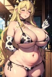 ai_generated big_breasts blonde_hair breasts collar collar_bell collar_with_bell cow_ears cow_girl cow_horns cow_print cow_print_bikini female mature mature_female milf onlyaimommys quetzalcoatl_(dragon_maid) soft_belly tummy