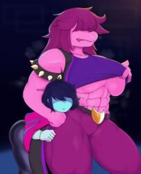 1girls abs ambiguous_gender anthro ass belt big_ass big_breasts big_butt big_dom_small_sub blue_skin breasts cape deltarune dominant duo female femdom hair_over_eyes human kris_(deltarune) mammal muscular muscular_anthro musk musk_clouds purple_clothing purple_hair purple_skin reptile scalie shirt_lift spikes susie_(deltarune) tainypie thick_thighs underboob undertale_(series) wide_hips