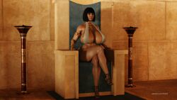 3d bae3 big_ass big_breasts big_butt brown_eyes dark_hair dark_skin egyptian_mythology fit_female gold_jewelry hourglass_figure huge_breasts legend_of_queen_opala legs_crossed makeup muscular pose princess queen queen_opala short_hair sitting small_waist tan_body throne tiny_waist wet