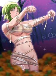 1girls alternate_costume bandage bandages bandana blurry braid breasts closed_mouth commission female female_only fire_emblem fire_emblem:_the_blazing_blade green_eyes green_hair groin halloween halloween_costume highres long_hair looking_at_viewer medium_breasts mummy mummy_costume naked_bandage navel nintendo pumpkin purple_background rebecca_(fire_emblem) rinku_bny smile solo twin_braids