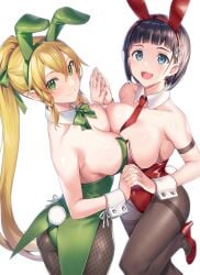 2girls :d animal_ears aqua_eyes arm_strap ass between_breasts black_hair black_legwear blonde_hair blue_eyes bow bowtie braid breast_press breasts bunny_ears bunny_tail bunnysuit cleavage detached_collar dual_persona fake_animal_ears female female_focus fishnet_pantyhose fishnets green_bow green_bowtie green_eyes green_hairband green_leotard green_ribbons hair_ornament hair_ribbon hair_tie hairband hairbow hairclip high_heels highres holding_hands kirigaya_suguha large_breasts leafa leg_up leotard long_hair looking_at_viewer looking_to_the_side mokyu multiple_girls necktie necktie_between_breasts open_mouth pantyhose playboy_bunny pointy_ears ponytail rabbit_ears rabbit_tail red_footwear red_hairband red_leotard red_necktie ribbon selfcest short_hair side-tie_leotard sideboob smile sword_art_online symmetrical_docking tail thighband_pantyhose tie twin_braids very_long_hair wrist_cuffs