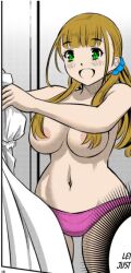 1girls areolae big_breasts blonde_hair blush breasts color_edit colored curvy edit english_text female_focus female_only green_eyes hi_res light-skinned_female light_skin long_hair meep_flow nipples official_art open_mouth simple_background smile sogabe_toshinori solo text third-party_edit twintails underwear wide_hips yankee_jk_kuzuhana_chan yuna_ushigome