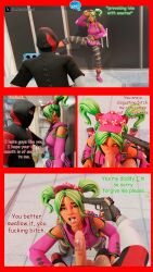 black_hair comic cum cum_in_mouth cum_inside cum_out_nose forced forced_oral fortnite fortnite:_battle_royale green_hair gun gun_to_head gunpoint held_at_gunpoint ikonik mask pigtails rape swearing tagme zoey_(fortnite)