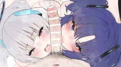 1boy 2girls blue_archive blush fellatio from_above grey_hair halo heart highres licking licking_penis long_hair male_pubic_hair mechanical_halo millennium_science_school_student mochirong multiple_girls noa_(blue_archive) open_mouth oral paid_reward_available penis pubic_hair purple_eyes purple_hair seminar_(blue_archive) tongue tongue_out two_side_up yuuka_(blue_archive)