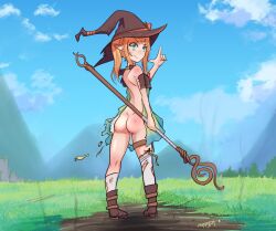 1girls accidental_exposure ass blonde_hair blue_eyes dress elf elf_ears from_behind looking_at_viewer looking_back mole_under_eye original original_character pointy_ears poppytart proud pussy smug solo spell staff thigh_highs torn_clothes tsundere twintails unaware witch_hat